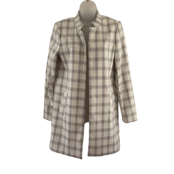 Carolina Belle Jackets & Blazers - Carolina Belle Coat Womens Medium White Plaid Crepe Open Front Overcoat Minimal